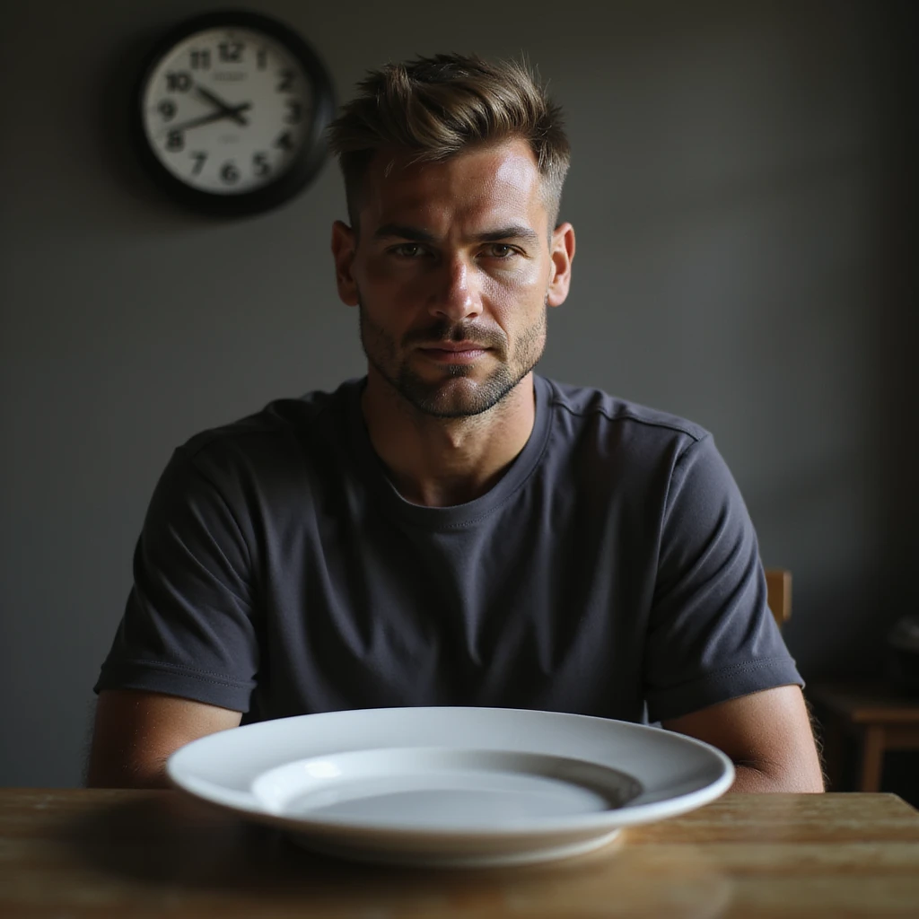 Hyperrealistic 4K image of a man sitting at a table with an empty plate in front, clock showing 23 hours, serene and focused expression, Zen atmosphere, minimalist environment, detailed facial features reference. emoji