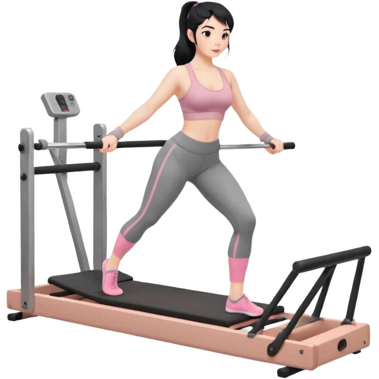 Create a Pilates emoji: a girl with fair skin and black hair, wearing a grey bra and grey leggings with pink pilates socks, exercising on a wooden reformer and not looking at the camera. Make the colors neutrals. emoji