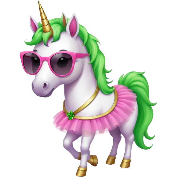 friendly anthropomorphised female unicorn with horse-like face, in tutu and pink t-shirt, wearing dark sunglasses, holding a shamrock or wearing a green accessory for St. Patrick's Day emoji