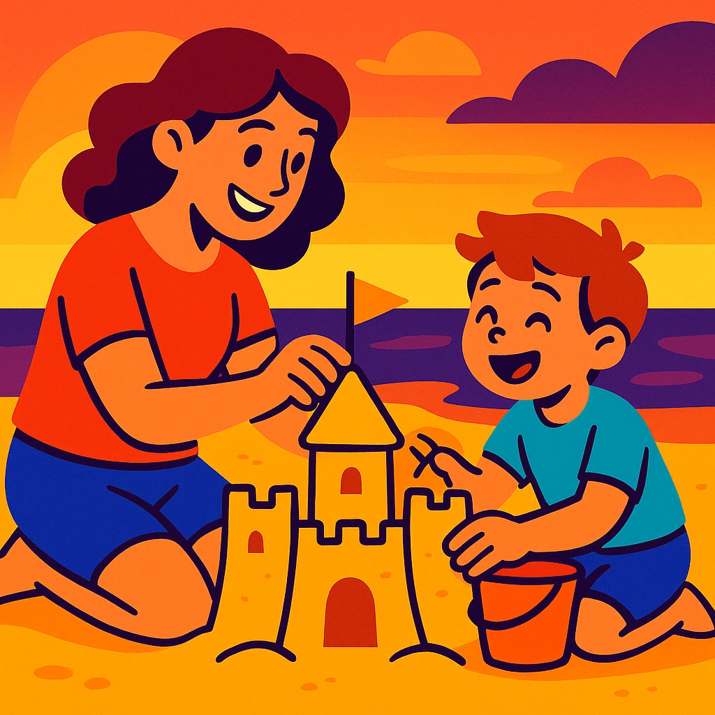 Cartoonish mother and son building a sandcastle together at sunset, playful and joyful emoji