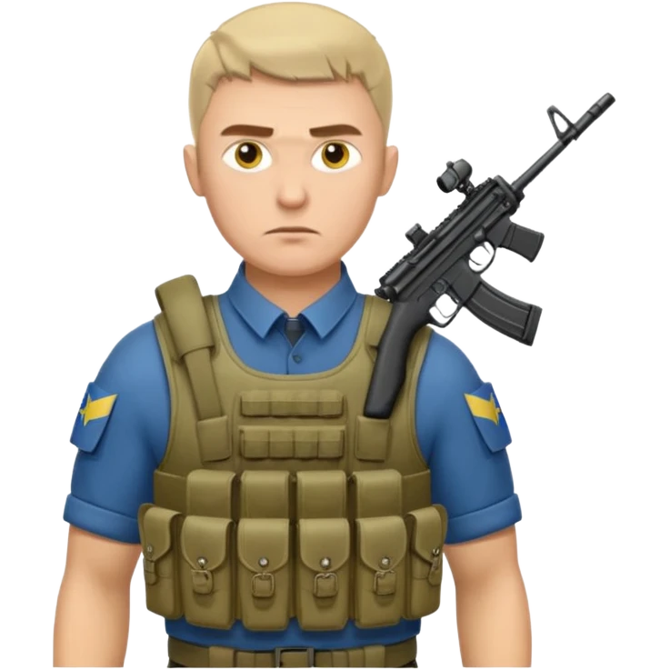 Ukrainian intelligance agency warrior man in platecarrier with nato riffle and ukrainian gerb emoji
