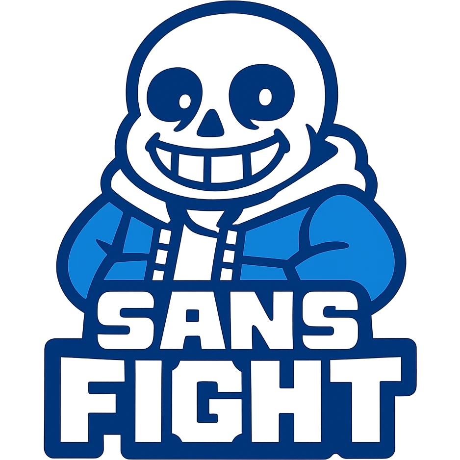 logo for 'Sans Fight' inspired by Undertale, vibrant toon style, bold blue and white colors emoji