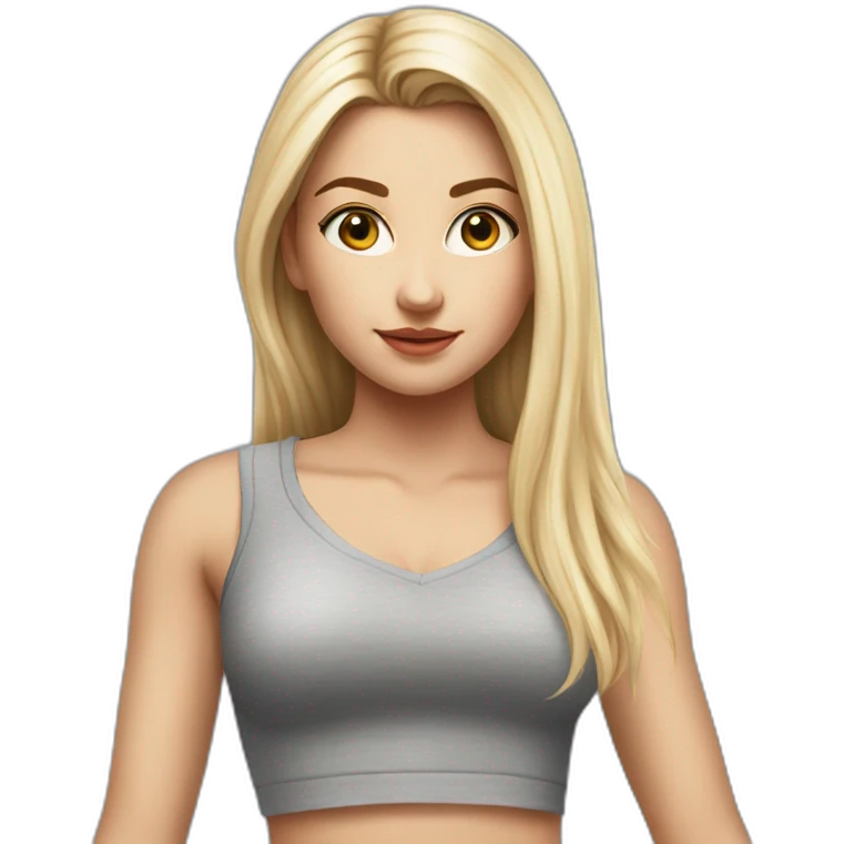 hyperrealist caucasian girl, long straight blonde hair, v-neck laced crop tanktop, grey tight mini skirt emoji