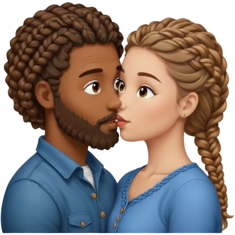 brown skinned man with braids and a beard kissing a white woman with curly brown hair  emoji