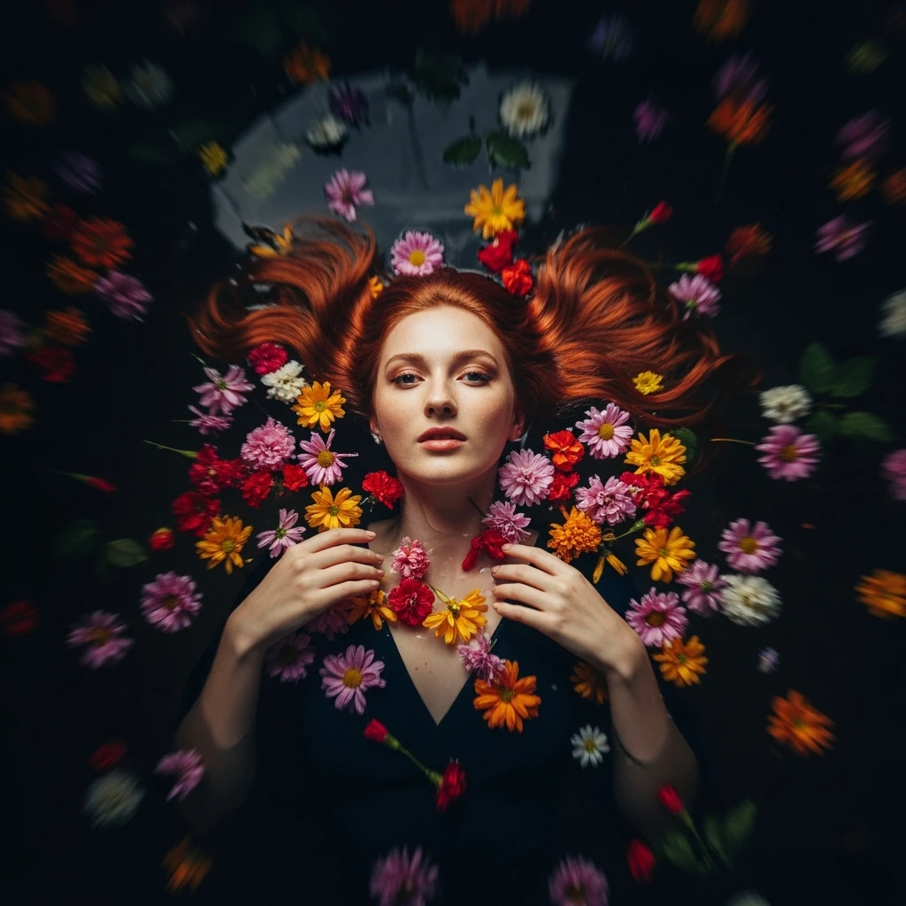 Camera drom top, Motion blur Extreme Closeup photo of a beautifull woman lay around beautifull colorfull flowers in water, cinematic light, 8K, very detailed, sharp, depth (foreground, midground, background) Spotlight, dark environemnt emoji