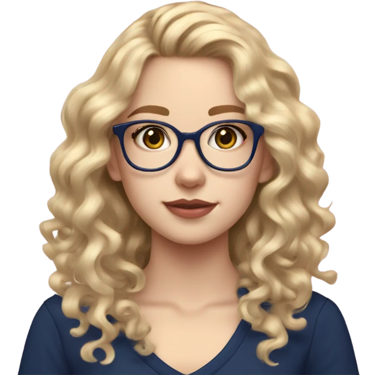 Blonde teen girl with long curly hair and clear glasses and pale skin and pink hued lips and navy blue shirt emoji