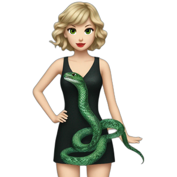 Taylor swift with black, gray and green dress with snake around arm emoji