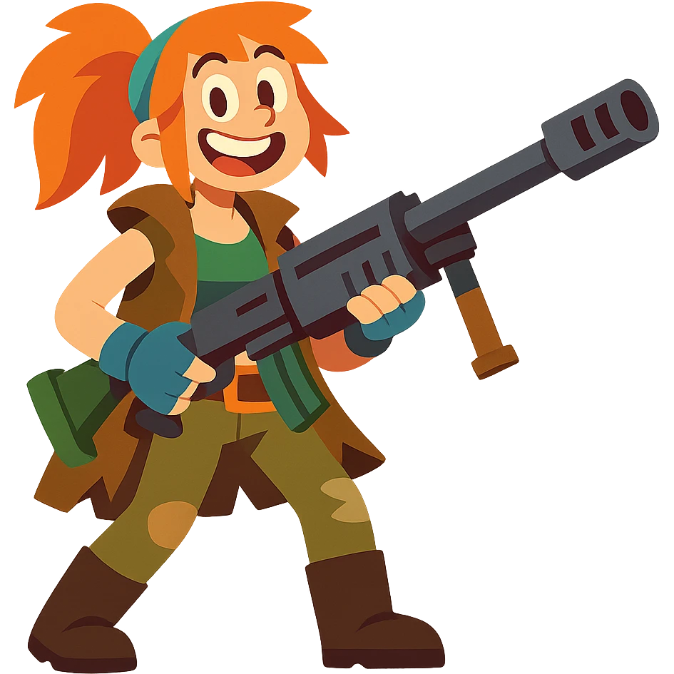 funny, positive stalker girl with a huge machine gun, smiling and energetic emoji