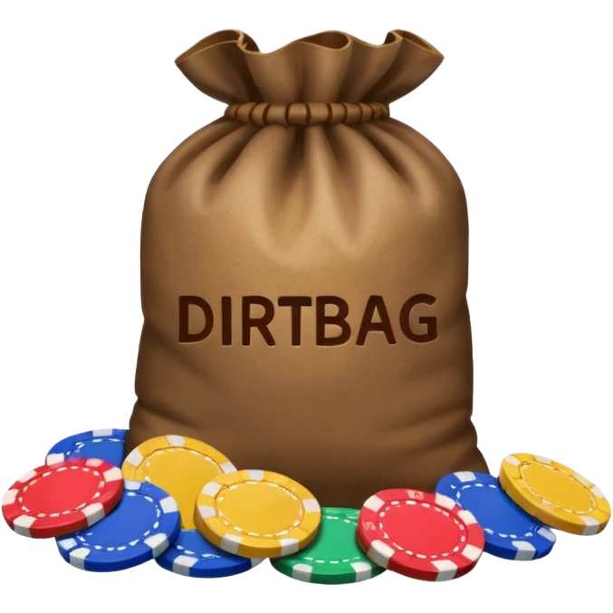 Create a bag of dirt that says dirtbag with poker chips around it emoji