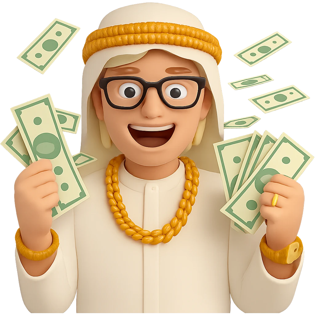 Edit the blond-haired guy with mid-length hair, black glasses, surrounded by dollar bills, wearing gold jewelry in Dubai style. Make him look excited with no background. emoji