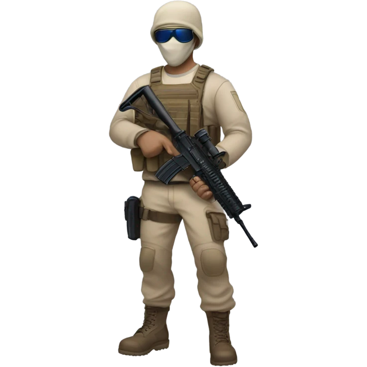 White male, call of duty mask, tan tactical gear, tan pants, combat boots, black beanie, blue eyes emoji