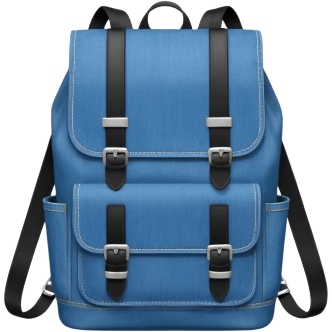 An emoji-style blue denim backpack with a flap top. Two short black buckle straps are attached only at the top flap, not extending to the bottom. The front is clean with no pockets or extended straps. The backpack has two side pockets. 


 emoji