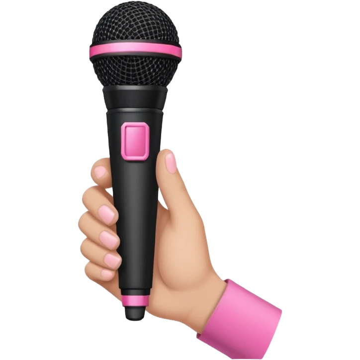 hand holding black stage microphone with pink strip on bottom emoji