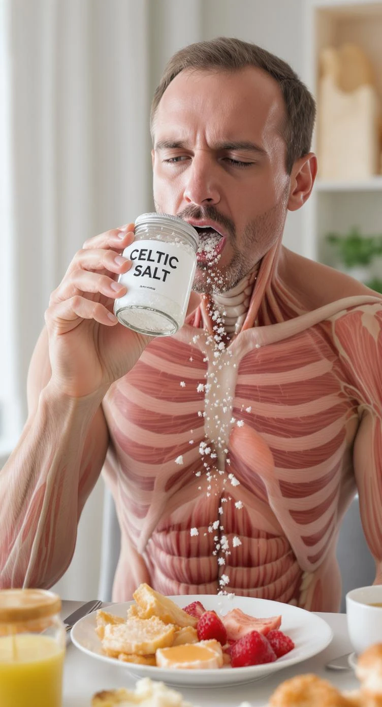 A MEDICAL ILLUSTRATION OF A REALISTIC human body holding a jar with "CELTIC SALT" written on the label, he throws it in his mouth DURING BREAKFAST emoji