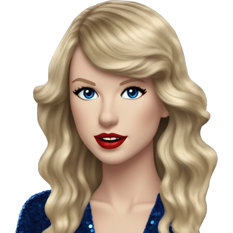 Realistic Taylor swift wearing navy blue glittery sequin bodysuit and long hair with red lipstick and blue eyes  emoji