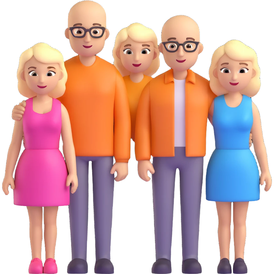 a caucasian family with a bald man, a blonde woman, two blonde girls and one blonde boy, 3d emoji style emoji