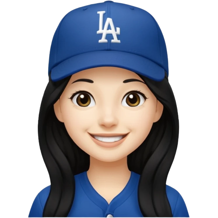 Can you make an emoji of a girl with fair skin with black long hair wearing an LA dodger hat. Only include her face no neck.  emoji