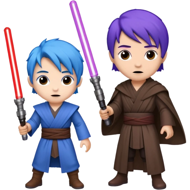 one blue haired jedi with purple lightsaber vs dark brown hair jedi with red lightsaber emoji emoji