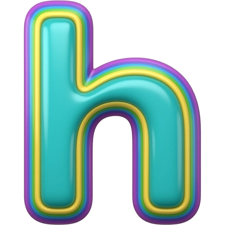 name "h" in bright blue teal green 3D style typography lettering, each color of the rainbow as a border outlined around each letter, isolated, 3d rendering, no emoji icons no emoji faces and must have no human figures emoji