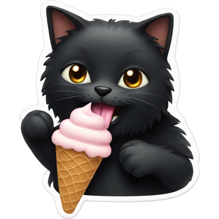 black fluffy cat eating ice cream  emoji