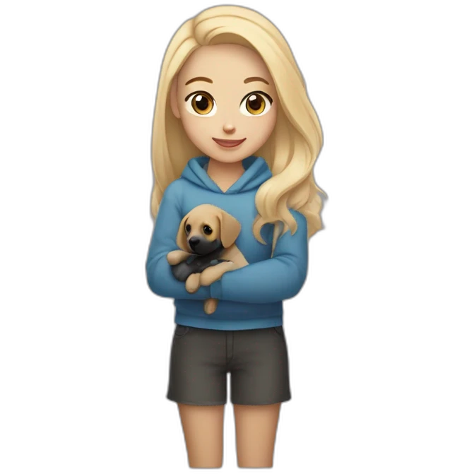 A blonde girl with smooth hair and a ray in the middle of his hair, she has light skin a few freckles, and she wear a hoodies and she Carries in his arms a baby black labrador dog  emoji