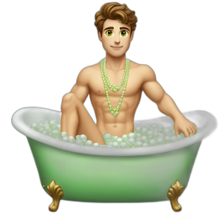 Posh-muscle-boy-brown-hair-green-eyes-pearl-necklace-in-golden-bathtub-legs emoji