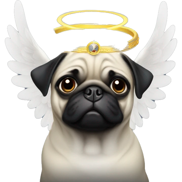 Black pug with a halo  and white wings behind him  emoji