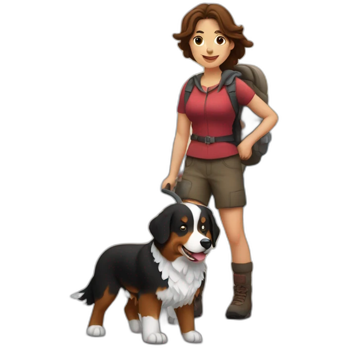a viking bernese mountain dog hiking with a woman with brown hair with a reindeer emoji