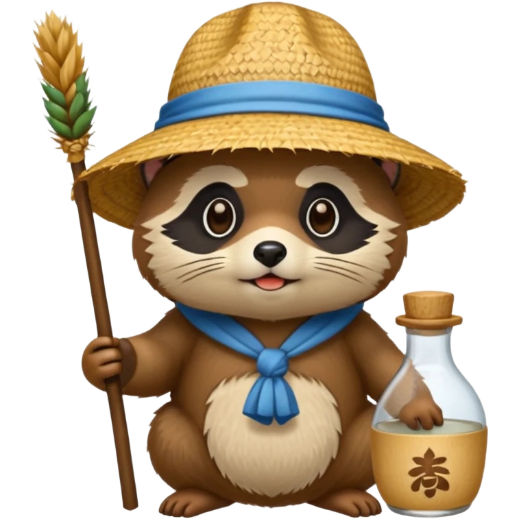 tanuki with straw hat and sake bottle emoji
