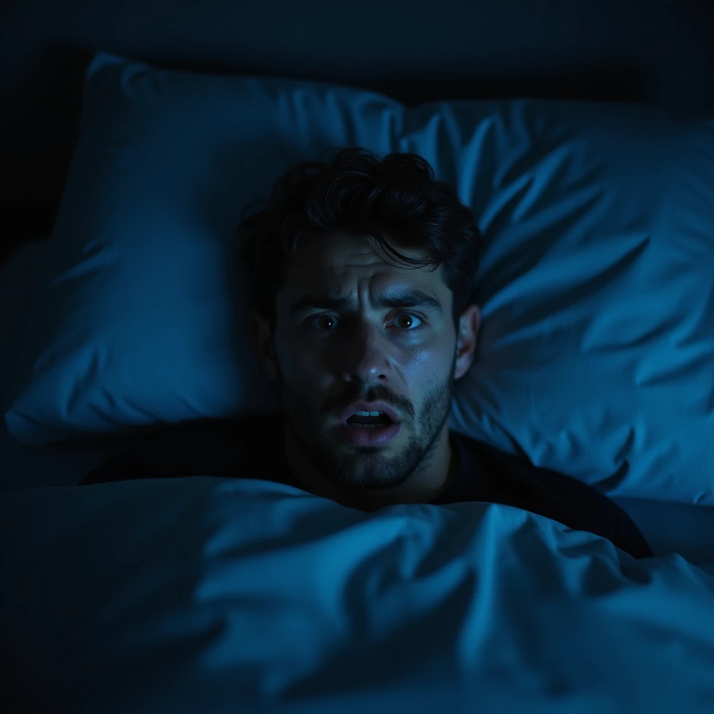 man suddenly waking up in the middle of the night, worried and anxious face, dark room with blue light, realistic hyperrealistic details, 4K quality emoji