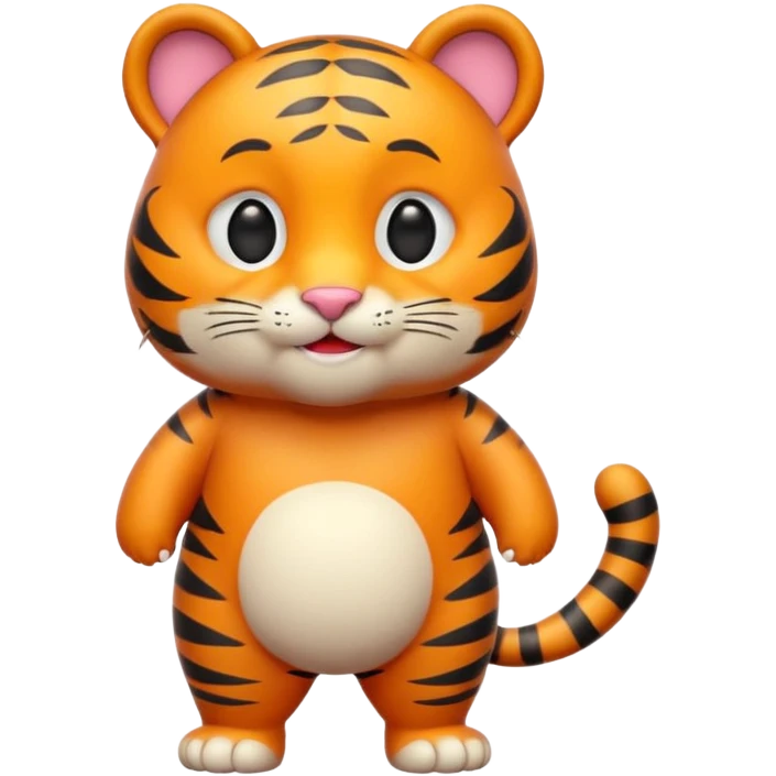 Cute tiger emoji, full body, standing pose, smiling face, big round eyes, orange fur with black stripes, chubby and adorable, short legs, small ears, 3D emoji style, smooth shading, bright colors, simple clean design, transparent background emoji