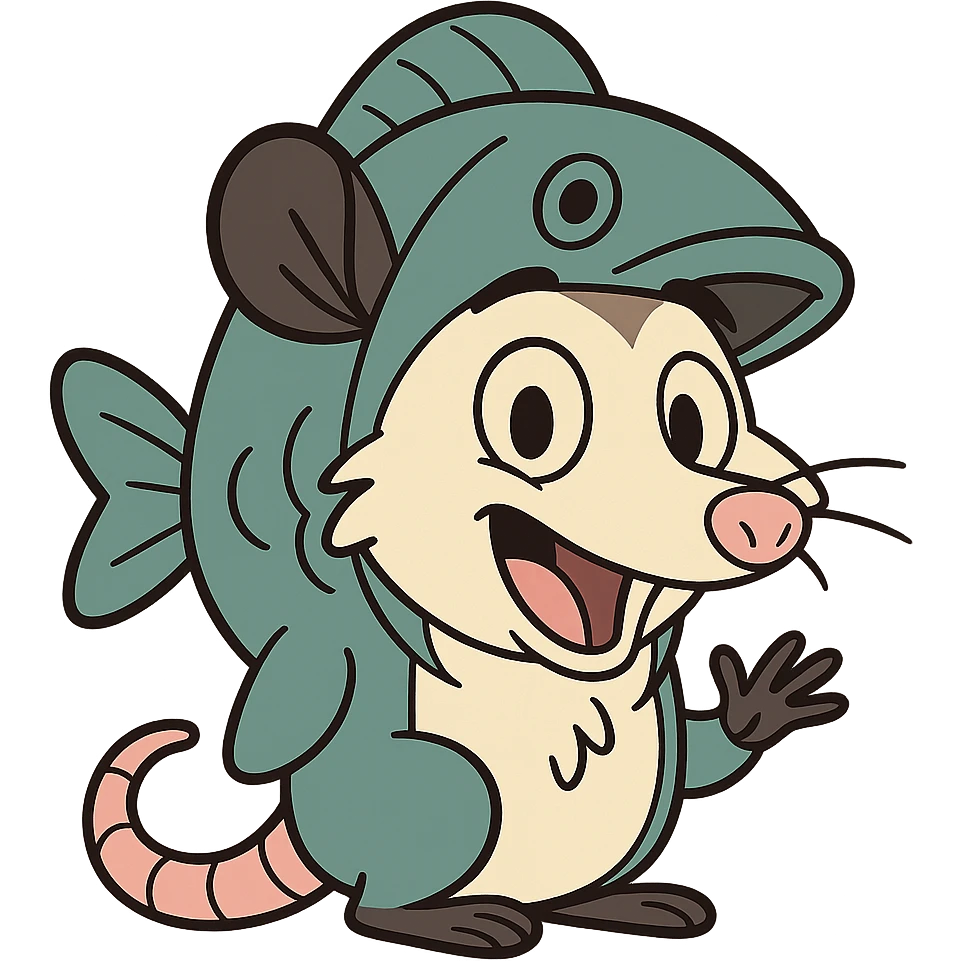 cute cartoon possum dressed up like a fish emoji