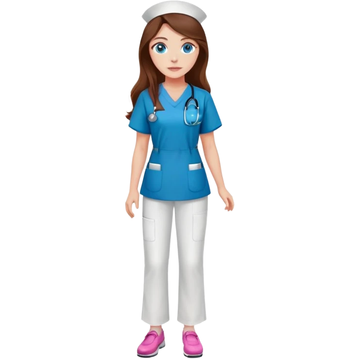 Beautifil Nurse with long brown hair and blue eyes, burgundy tunic, white pants, pink shoes emoji