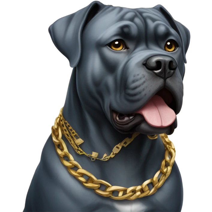 A blue-colored Cane Corso wearing a gold chain and medallion with money bags. emoji