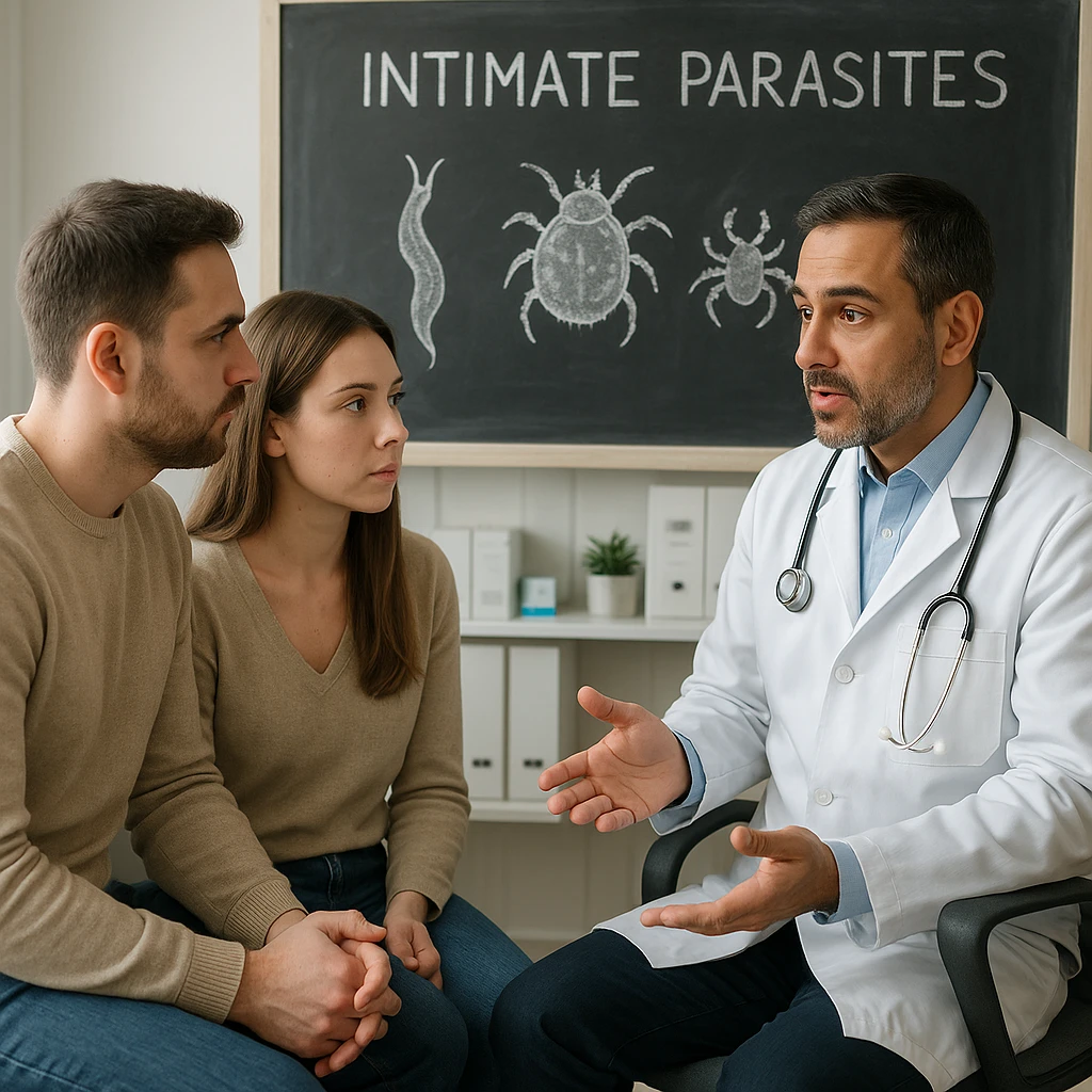 realistic image of a doctor explaining the problem of intimate parasites to a man and a woman, with a diagram or chalkboard showing parasites, medical setting, respectful and educational tone emoji