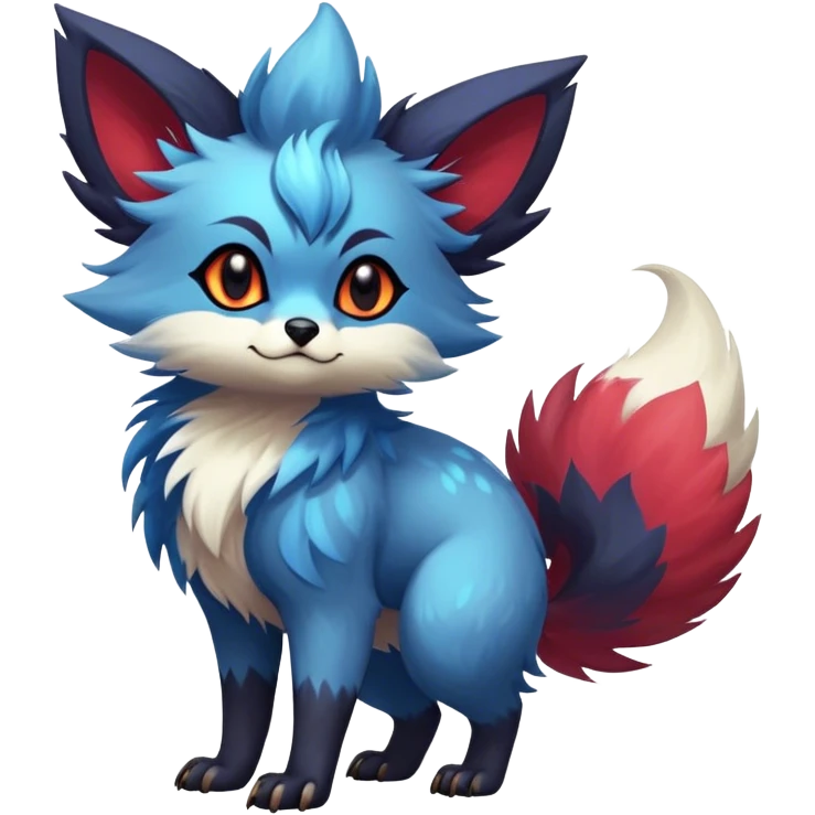 Epic Feral Rare Fantasy shiny cool fluffy Vernid-Zorua-Trico-species-hybrid-animal by LiLaiRa, random markings, tufted tail, tufted ears, full body emoji