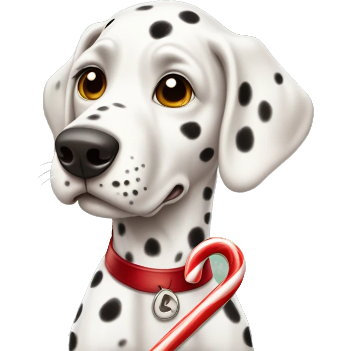 A Dalmatian with brown spots holds a caramel Christmas candy cane in his teeth emoji