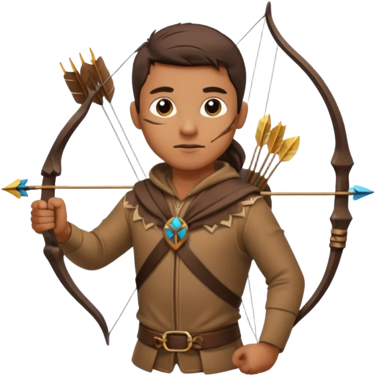 The classic hunter image with a bow and arrow on his back, dressed in brown with some animal made decorations emoji