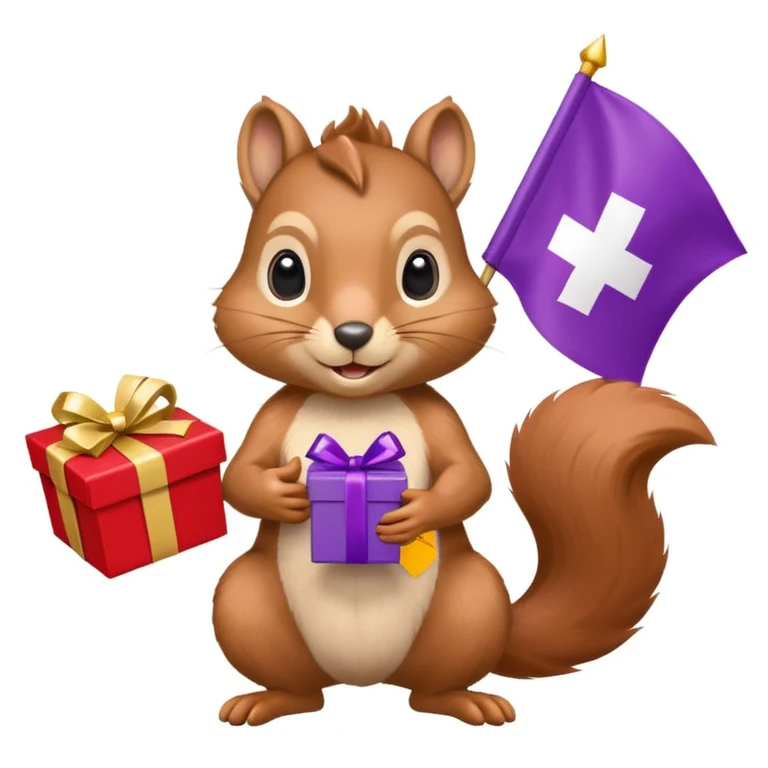 realistic squirrel holding a purple gift box in one hand and a red Swiss flag in the other, both objects clearly visible, simple white background, the gift is a different color from the flag emoji