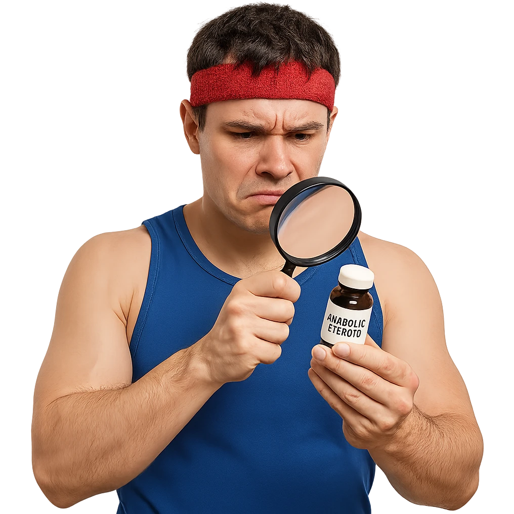 inexperienced athlete reading composition of anabolic steroid bottle with magnifying glass, growing muscles, puzzled expression, sportswear, isolated on white background emoji