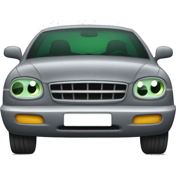 grey car with stripes and green eyes emoji