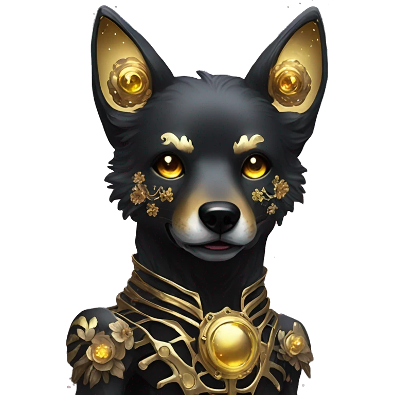 Black iridescent dog fox face head zombie skeleton gold mechanical nebula galaxy stars flowers fairy lights vintage emoji