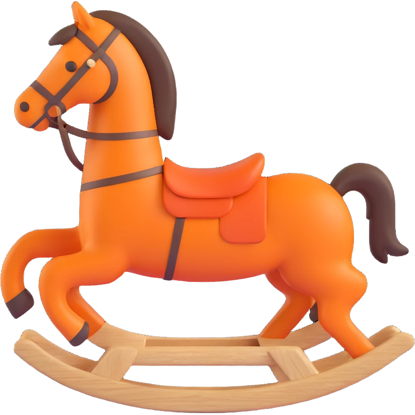 rocking horse, 3D, simple silhouette, natural wood texture, small Hermès orange accent, minimal design, no text emoji