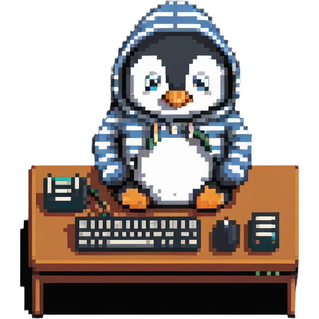 A retro-style penguin with a striped hoodie typing on an old-school computer keyboard emoji