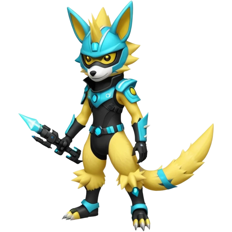 Shiny badass cool edgy spikey fluffy realistic cyan yellow white electric complex futuristic Zeraora-Renamon-Electrike-Umbreon-Lombax-Weregarurumon-fusion-creature (full body) wearing a black cyberpunk-helmet-mask emoji