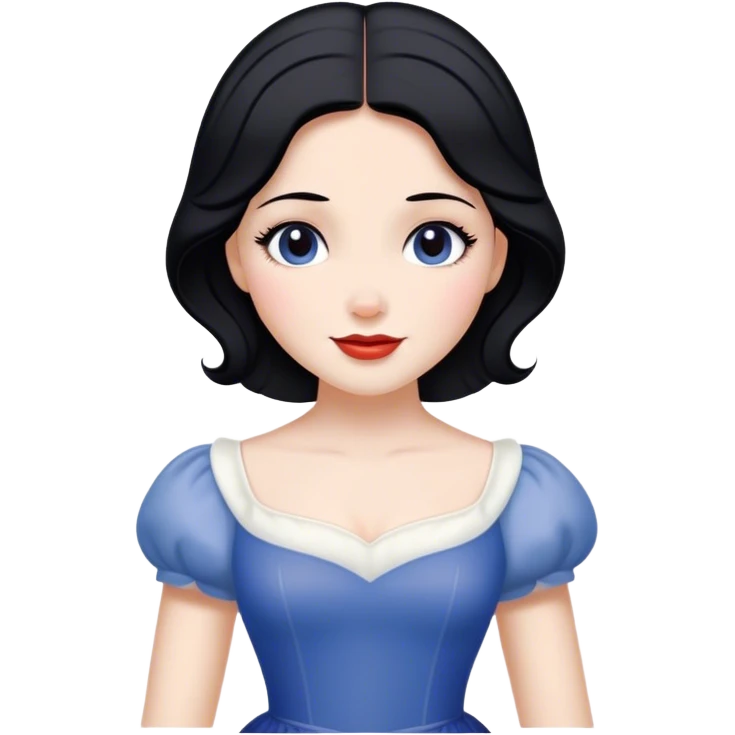 Cinematic Radiant Snow White Portrait Emoji, rendered in a realistic, vector style with clean proportions. Show Snow White with a soft, welcoming smile, delicate porcelain skin, and neatly arranged raven hair, wearing her timeless dress. The image radiates a warm, inviting glow, high shine, and is enhanced by a soft glowing outline that accentuates her gentle beauty. emoji