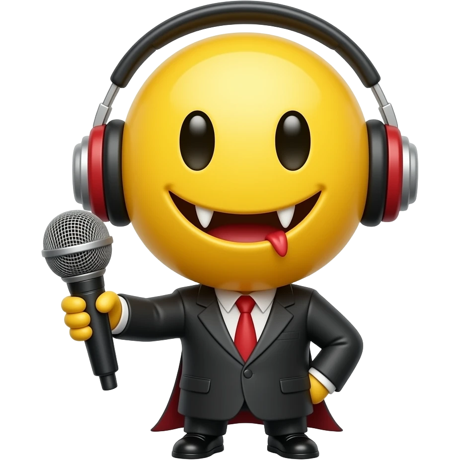 Vampire yellow smiley face no hair and no desk with headphones and a standing desk microphone emoji