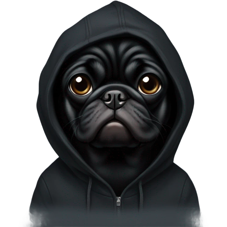 Black pug wearing a black hoodie emoji