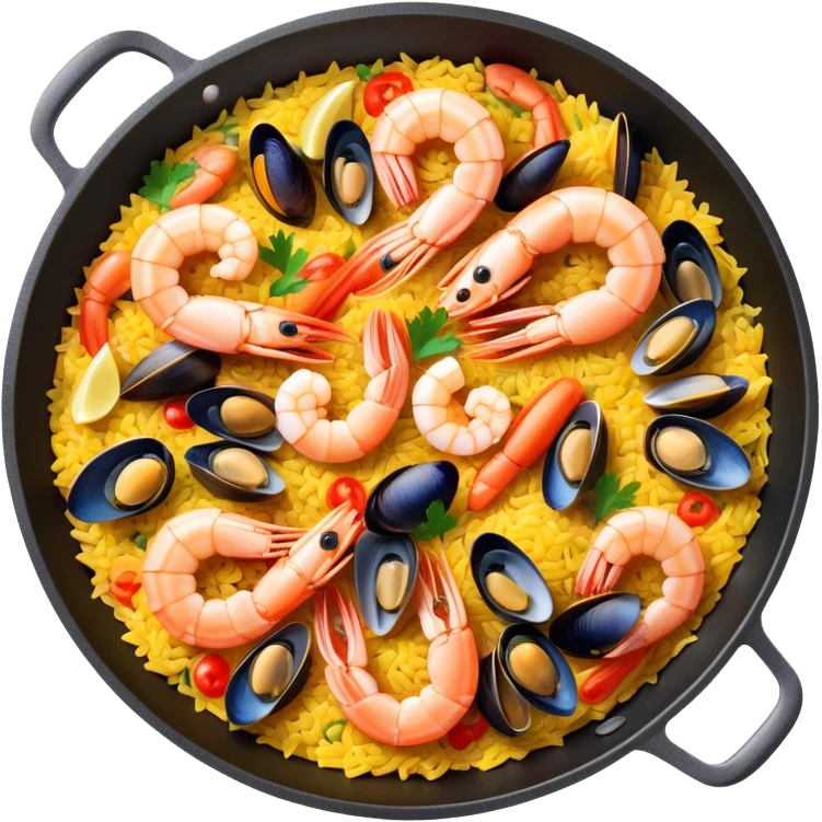 seafood paella in a pan with shrimp, mussels, rice, and saffron emoji