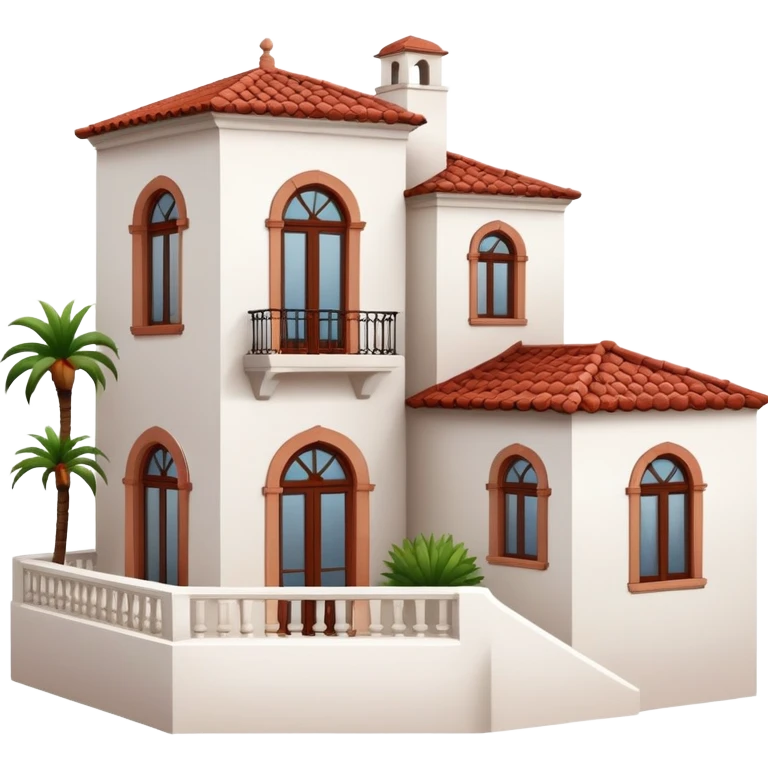 White stucco Spanish villa with red clay tile roof, arched windows, and small balcony emoji